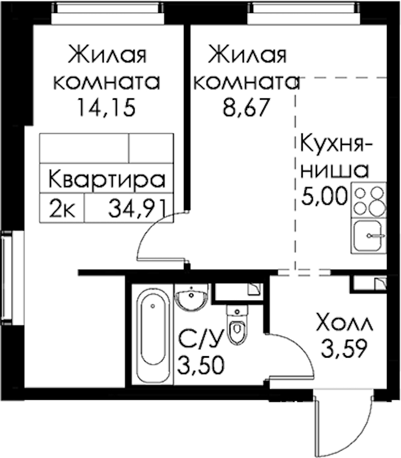 1-комнатная квартира 34.91 м², 1/15 эт., ЖК «Янинский лес»